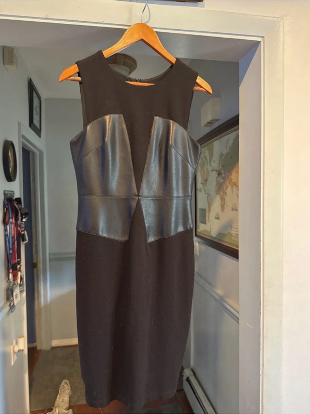 Sleeveless Black Midi Dress with Faux-Leather Waist Panels